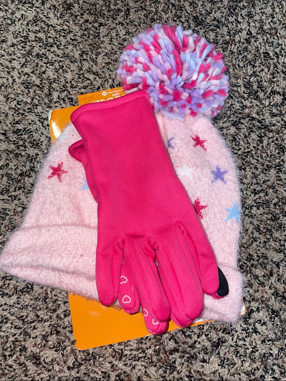 Kids Pink Star Pom Pom Beanie with Matching Hot Pink Gloves L/XL NWT